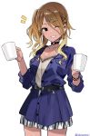  1girl bangs belt black_belt black_choker black_eyes blonde_hair blue_jacket blush breasts brown_hair choker cleavage collarbone cowboy_shot cup dark_skin gradient_hair grin holding holding_cup idolmaster idolmaster_shiny_colors izumi_mei jacket large_breasts long_hair looking_at_viewer multicolored_hair one_eye_closed open_clothes open_jacket shirt shisoneri simple_background skirt smile solo twitter_username white_background white_shirt 