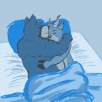  1:1 2020 animal_crossing beau_(animal_crossing) bed bedding belly blanket cervid cleade3 cuddling curt_(animal_crossing) eyes_closed furniture hi_res hug male mammal nintendo overweight overweight_male pillow sleeping ursid video_games 