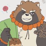  1:1 2020 29_da2 anthro belly brown_body brown_fur canid canine food fur gyobu humanoid_hands kemono male mammal one_eye_closed overweight overweight_male raccoon_dog scar solo tanuki tattoo tokyo_afterschool_summoners video_games wink 