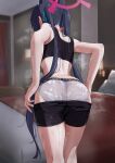  1girl absurdres animal_ear_fluff animal_ears ass bare_arms bed bike_shorts black_hair black_shorts black_sports_bra blue_archive blue_ribbon blush cat_ears clothes_pull ear_blush facing_away from_behind hair_ribbon halo highres indoors keke_(user_djyu7823) long_hair panties pulling_own_clothes red_halo ribbon serika_(blue_archive) shorts shorts_pull solo sports_bra sweat twintails underwear very_long_hair 