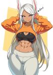  1girl abs absurdres animal_ears ass_visible_through_thighs black_sports_bra boku_no_hero_academia breasts cleavage cropped_hoodie dark-skinned_female dark_skin english_commentary hands_up headphones highres hood hoodie large_breasts long_eyelashes long_hair looking_at_viewer midriff mirko musical_note navel orange_hoodie pants parted_bangs rabbit_ears rabbit_girl red_eyes smile solo sports_bra stomach theoiledone thick_thighs thigh_gap thighs tight_clothes tight_pants toned_female twitter_username very_long_hair white_hair white_pants 