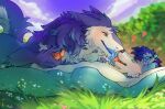  2024 anthro anthro_on_anthro balls blue_body blue_fur blue_hair blurred_background canid cheek_tuft dated duo ear_piercing ear_ring ears_back eyes_closed facial_tuft famir_(artist) french_kissing fur genitals grass green_eyes hair handjob heart_symbol humanoid_genitalia humanoid_penis kissing lying male male/male mammal neck_tuft nude on_back open_mouth penile penis piercing pink_penis pink_tongue pivoted_ears plant pupils ring_piercing sergal sex sharp_teeth short_hair shrub signature slit_pupils teeth tongue tuft vein veiny_penis white_balls white_body white_fur 