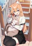  1girl absurdres animal_ear_fluff animal_ears animal_hug black_skirt black_thighhighs blue_archive blue_eyes blush cat_ears cat_girl claw_pose ear_down flower grey_cat hair_flower hair_ornament halo hand_up highres long_hair long_sleeves looking_at_viewer mari_(blue_archive) muo_(muojjang_0929) open_mouth overall_skirt shirt sitting skindentation skirt smile sparkling_aura stairs thighhighs translation_request white_flower white_shirt yellow_halo yokozuwari 