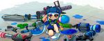  .96_gal_(splatoon) 1girl absurdly_long_hair aiming aiming_at_viewer backwards_hat baseball_cap bike_shorts black_shorts blue_hair blue_hat blue_hoodie commentary_request e-liter_3k_(splatoon) fangs full_body grin hanako515_ika hat highres holding holding_weapon hood hood_down hoodie inkling inkling_girl inkling_player_character l-3_nozzlenose_(splatoon) long_hair long_sleeves on_one_knee one_eye_closed paint_splatter pink_eyes pointy_ears print_hoodie range_blaster_(splatoon) shorts smile solo splatoon_(series) splattershot_(splatoon) tentacle_hair twintails v-shaped_eyebrows very_long_hair weapon white_footwear 