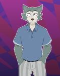  absurd_res anthro beastars canid canine canis clothing fur grey_body grey_fur hand_in_pocket hi_res legoshi_(beastars) male mammal pockets polo_shirt shirt solo suitedwolfie topwear wolf 