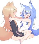  1boy 1girl animal_ear_fluff animal_ears bar_censor bare_arms bare_shoulders black_cardigan blonde_hair blue_hair blush borrowed_character bottomless cardigan censored closed_eyes clothed_sex commentary_request fang fox_ears fox_tail foxx-chan_(foxxre) from_side hair_ornament hairclip hands_on_another&#039;s_shoulders heart hetero highres konatsu_(owasaki) leg_grab long_hair multicolored_hair nail_polish one-piece_swimsuit open_mouth original otoko_no_ko outstretched_arms owasaki purple_nails pussy sex sharp_teeth simple_background skin_fang sound_effects spread_legs straddling streaked_hair swimsuit tail teeth thick_eyebrows toenail_polish toenails two-tone_hair upright_straddle variant_set white_background white_one-piece_swimsuit 