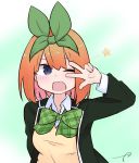  1girl ;d bangs black_jacket blazer blue_eyes blush bow breasts collared_shirt commentary dress_shirt eyebrows_behind_hair go-toubun_no_hanayome green_bow green_ribbon hair_between_eyes hair_ribbon hand_up highres jacket kujou_karasuma medium_breasts nakano_yotsuba one_eye_closed open_blazer open_clothes open_jacket open_mouth orange_hair ribbon school_uniform shirt signature smile solo star sweater_vest symbol_commentary upper_body v_over_eye white_shirt 