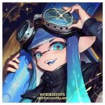  1girl biahnyang black_jacket blue_eyes blue_hair border commentary_request commission eyelashes glint goggles goggles_on_head holding holding_weapon inkling inkling_girl inkling_player_character jacket korean_commentary long_hair looking_at_viewer open_mouth pointy_ears smile solo splat_roller_(splatoon) splatoon_(series) teeth tentacle_hair upper_body weapon white_border 
