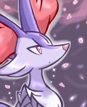  1girl alternate_color animal_ear_fluff animal_ears animal_nose body_fur braixen commentary_request fox_ears fox_girl from_side furry furry_female gardear058 grey_background highres jaggy_lines looking_up neck_fur outline petals pokemon pokemon_(creature) profile purple_fur red_eyes shiny_pokemon snout solo sparkle two-tone_fur upper_body white_fur white_outline 