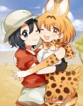  2girls animal_ears bare_shoulders black_hair blonde_hair blue_eyes blush bow bowtie commentary_request cowboy_shot elbow_gloves extra_ears eyebrows_visible_through_hair gloves hat_feather helmet high-waist_skirt highres hug kaban_(kemono_friends) kemono_friends multiple_girls one_eye_closed pith_helmet print_gloves print_legwear print_neckwear print_skirt red_shirt serval_(kemono_friends) serval_ears serval_print serval_tail shirt short_hair short_sleeves shorts skirt sleeveless suicchonsuisui t-shirt tail thighhighs white_shirt yellow_eyes zettai_ryouiki 