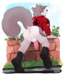  absurd_res anthro anus armiger_(bxrnstellar) balls bent_over boots bottomless brick_wall butt canid canine canis clothed clothing domestic_dog erection fluffy fluffy_tail footwear formula_1 fur genitals grey_body grey_fur grey_hair hair hi_res humanoid_genitalia humanoid_penis jacket male mammal nordic_sled_dog pache_riggs penis presenting presenting_hindquarters racing_uniform rear_view samoyed smile solo spitz tail topwear wall_(structure) 