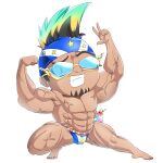  1boy abs biceps black_hair blue_headband blue_male_swimwear character_request chibi cocktail commentary_request facial_hair flexing full_body goatee green_hair grin headband hop_step_jumpers lets0020 looking_at_viewer male_focus male_swimwear mohawk multicolored_hair muscular muscular_male simple_background smile solo swim_briefs swim_goggles transparent_background veins 