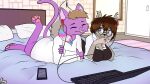  absurd_res almy anthro bed bedroom brown_body brown_fur brown_hair canid canine canis claws clothed clothing computer cupcakecat_(character) detailed_background domestic_cat duo earbuds electronics eyewear felid feline felis female female/female fur furniture glasses hair headphones hi_res laptop lgbt_pride mammal oversized_clothing oversized_shirt oversized_topwear pawpads phone pride_colors purple_body purple_eyes purple_fur relaxing roxie_martindale_(fluffyakuma) shirt smile tail topwear transgender_pride_colors window wolf 