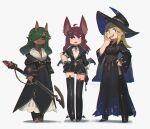  3girls :d ahoge animal_ears bat_ears bat_girl bat_wings black_gloves black_sclera blonde_hair blue_eyes boots brown_hair choker colored_sclera corset dark-skinned_female dark_skin earrings facial_tattoo fantasy gloves green_hair grey_background hair_over_one_eye hand_on_own_hip hat highres holding holding_staff horns jewelry looking_at_viewer low_wings medium_hair multiple_girls nail_polish off_shoulder original pointy_ears porforever red_eyes robe side_slit smile staff standing tattoo teeth thigh_boots toeless_legwear upper_teeth_only wide_sleeves wing_ornament wings witch_hat yellow_eyes 