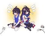  2girls :d ^_^ anger_vein arrow_(symbol) bare_shoulders black_footwear black_hair black_shorts blue_socks blue_vest boots bronya_zaychik cat_teaser closed_eyes closed_mouth crossed_arms drill_hair giving_up_the_ghost gradient_background hair_between_eyes halo highres honkai:_star_rail honkai_(series) honkai_impact_3rd long_hair miyou_myu multicolored_hair multiple_girls notice_lines off-shoulder_shirt off_shoulder polka_dot polka_dot_background purple_eyes purple_hair seele_(honkai:_star_rail) seele_vollerei seele_vollerei_(swallowtail_phantasm) shirt shoes short_sleeves shorts sitting smile socks striped_clothes striped_thighhighs tears thighhighs twin_drills two-tone_hair v-shaped_eyebrows vertical-striped_clothes vertical-striped_thighhighs very_long_hair vest wariza white_background white_shirt white_thighhighs yellow_background 