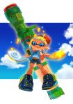  1girl beanie bike_shorts black_footwear black_shorts blonde_hair blue_eyes blue_sky blunt_bangs closed_mouth english_commentary full_body glowing glowing_hair hanako515_ika hat highres holding holding_weapon huge_weapon inkling inkling_girl inkling_player_character inkzooka_(splatoon) letterboxed long_hair looking_at_viewer midriff navel outside_border pointing pointing_at_viewer pointy_ears print_shirt red_hat shirt short_sleeves shorts sky smile solo splatoon_(series) splatoon_1 suction_cups tentacle_hair twintails v-shaped_eyebrows wavy_mouth weapon white_shirt 