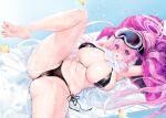  1girl armpits bare_legs barefoot bikini black_bikini blue_archive blush breasts cameltoe eimi_(blue_archive) eimi_(swimsuit)_(blue_archive) eyewear_on_head goggles goggles_on_head halo highres huge_breasts jacket large_breasts long_hair long_sleeves looking_at_viewer lying micro_bikini navel obiwan official_alternate_costume official_alternate_hairstyle on_back open_clothes open_jacket open_mouth pink_eyes pink_hair pink_halo pink_jacket ponytail rubber_duck scarf signature skindentation soles solo splashing spread_legs stomach string_bikini swimsuit toes water water_gun weisuoxin wet white_scarf 