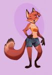  anthro bangs canid canine disney eyes_closed fan_character female female/female fox mammal markings mole_(marking) paw_on_belly red ruffu solo standing zootopia 
