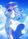 1girl absurdres alternate_costume bare_shoulders blue_eyes blue_sky cloud commission day dress euzh266 feet_out_of_frame hat head_wings highres honkai:_star_rail honkai_(series) long_hair off-shoulder_dress off_shoulder pixiv_commission purple_hair robin_(honkai:_star_rail) short_sleeves sky solo standing very_long_hair white_dress white_hat wings 