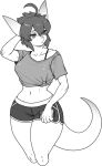  2024 ahoge anthro bottomwear bra_strap breasts cellphone clothing collarbone electronics female hair hi_res holding_object midriff monochrome navel pgm300 phone scalie shirt shorts smartphone solo topwear wide_hips 