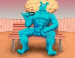  absurd_res anthro balls bench blu_(monica&#039;s_gang) blue_body blue_penis canid canine canis chain collar digital_media_(artwork) domestic_dog erection genitals hi_res looking_at_viewer male mammal monica&#039;s_gang muscular nude offsenkai on_bench outside penis plant sitting sitting_on_bench smile smiling_at_viewer smirk smug_face solo source_request tree 