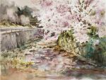  akemisuisai cherry_blossoms day forest grass highres nature no_humans original painting_(medium) reflection reflective_water river riverbank road traditional_media tree water watercolor_(medium) 