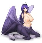  2024 big_breasts breasts choker equid equid_taur equine feathered_wings feathers female fur hair hi_res hooves jewelry looking_at_viewer mammal mammal_taur mythological_creature mythological_equine mythology navel necklace nipples pegasus pegasus_taur purple_body purple_eyes purple_fur purple_hair simple_background solo sookmo taur white_background wings 