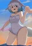  1girl blowhole blue_eyes blue_hair blush cetacean_tail common_bottlenose_dolphin_(kemono_friends) covered_navel dolphin_girl dorsal_fin dusk fins fish_tail frilled_one-piece_swimsuit frills grey_hair head_fins highres holding_hands john_(a2556349) kemono_friends kemono_friends_3 multicolored_hair one-piece_swimsuit open_mouth partially_submerged short_hair smile sunset swimsuit tail thighs white_hair 