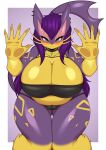  absurd_res anthro big_breasts breasts butt butt_from_the_front clothed clothing cross cross_necklace felid female fur generation_5_pokemon green_eyes hair hi_res jewelry liepard mammal navel necklace nintendo pokemon pokemon_(species) purple_body purple_fur purple_hair simple_background solo tail tailzkim thick_thighs yellow_body yellow_fur 