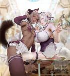  animal_ears apron arm_garter bangs bikini blurry blurry_background blush breasts cat_ears cat_tail choker dark_skin detached_sleeves food frilled_choker frills glass_table gloves grey_hair jug large_breasts leg_garter looking_at_viewer maid open_mouth original popsicle purple_eyes red_eyes short_hair sitting small_breasts standing swimsuit table tail teemu_rasinkangas thighhighs tongue tongue_out waist_apron watermark web_address white_gloves white_hair 