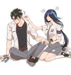  1boy 1girl anger_vein armband black_hair blood blood_on_face blue_hair blue_necktie clorinde_(genshin_impact) closed_eyes couple crossed_legs full_body genshin_impact hetero highres indonesian_high_school_uniform multicolored_hair necktie overshirt pencil_skirt purple_hair rchella school_uniform shirt shoes short_hair simple_background skirt streaked_hair white_background white_hair white_shirt wriothesley_(genshin_impact) 