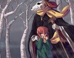  1boy 1girl absurdres animal_head animal_skull bare_tree black_coat coat delfuze elias_ainsworth forest gloves green_coat green_eyes grey_sky hatori_chise highres horns long_sleeves mahou_tsukai_no_yome nature red_hair scarf skull_head sky tree white_gloves wide_sleeves winter_clothes yellow_scarf 