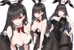  1girl animal_ears bare_shoulders black_hair black_hairband black_halo black_leotard blue_archive bow bowtie breasts cleavage detached_collar fake_animal_ears hair_ornament hairband hairclip halo hand_on_own_hip highres holster large_breasts leaning_forward leotard looking_at_viewer multiple_views pantyhose parted_lips playboy_bunny rabbit_ears rabbit_tail red_bow red_bowtie red_eyes rio_(blue_archive) shigure_s simple_background tail thigh_holster white_background wrist_cuffs 
