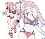  1girl bikini breasts cleavage collarbone commentary_request do_m_kaeru eyewear_on_head fire_emblem fire_emblem_heroes full_body grin hilda_valentine_goneril hilda_valentine_goneril_(summer) long_hair medium_breasts navel official_alternate_costume one_eye_closed pink-tinted_eyewear pink_bikini pink_eyes pink_hair pink_nails simple_background smile solo stomach sunglasses swimsuit tinted_eyewear toenails toes twintails twitter_username white_background 