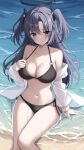  1girl bare_legs bare_shoulders beach bikini black_bikini blue_archive blush breasts cleavage closed_mouth collarbone feet_out_of_frame halo highres jacket large_breasts long_hair long_sleeves looking_at_viewer mechanical_halo nakaji_(user_snap3353) ocean open_clothes open_jacket puffy_long_sleeves puffy_sleeves purple_eyes purple_hair shore solo swimsuit two_side_up wet white_jacket yuuka_(blue_archive) 