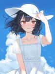  1girl adjusting_clothes adjusting_headwear black_hair blue_sky blush bow cloud dress grin hat hat_bow highres idolmaster idolmaster_shiny_colors looking_at_viewer morino_rinze parted_lips red_eyes short_hair sky smile solo straight-on upper_body white_bow white_dress white_hat yumeme_818 