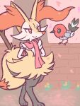  1girl animal_ear_fluff animal_ears animal_feet animal_nose arms_behind_back bird black_eyes black_fur blush body_fur braixen brick_wall cherry_blossoms closed_mouth clothed_pokemon commentary_request eye_contact flat_chest flat_color fletchling flower fox_ears fox_girl fox_tail full_body furry furry_female gardear058 happy jaggy_lines light_blush looking_at_another multicolored_fur neck_fur petals pokemon pokemon_(creature) red_eyes red_scarf scarf smile snout standing stick tail tree white_fur yellow_flower yellow_fur 