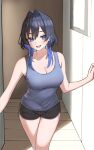  1girl black_shorts blue_eyes blue_hair blue_tank_top blush breasts cleavage colored_inner_hair doorway dunchy fang gym_shorts hair_intakes half-closed_eyes hands_up hashtag-only_commentary highres hololive hololive_english indoors large_breasts looking_at_viewer multicolored_hair open_mouth opening_door ouro_kronii pov_doorway shorts skin_fang solo tank_top two-tone_hair virtual_youtuber 