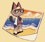  2020 :&lt; animal_crossing anthro beach black_ears black_tail blonde_hair bottomless clothed clothing cloud domestic_cat eyewear felid feline felis full-length_portrait fur glasses grey_body grey_fur hair hand_on_chest heterochromia hi_res jaquin_s looking_at_viewer male mammal nintendo outside portrait raymond_(animal_crossing) seaside solo standing topwear video_games warm_colors 