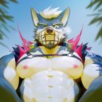  1:1 abs absurd_res anthro biceps blue_body blue_eyes blue_fur blue_sky breath canid canine canis clothing collar facial_hair fangs fur hi_res leather_harness looking_at_viewer luoluokun517 male mammal muscular muscular_male muzzle_(object) nipples one_eye_closed pecs pink_nipples sky solo torn_clothing white_body white_fur wolf 