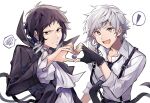  ! 2boys :d akutagawa_ryuunosuke_(bungou_stray_dogs) ascot black_coat black_eyes black_gloves black_hair black_necktie black_pants bungou_stray_dogs closed_mouth coat collared_shirt commentary_request fang fingerless_gloves frilled_sleeves frills gloves grey_hair heart heart_hands heart_hands_duo highres long_sleeves looking_at_viewer male_focus masaka888 multicolored_eyes multicolored_hair multiple_boys nakajima_atsushi_(bungou_stray_dogs) necktie open_mouth pants purple_eyes shirt short_hair simple_background skin_fang smile spoken_exclamation_mark spoken_squiggle squiggle suspenders two-tone_hair upper_body white_ascot white_background white_shirt yellow_eyes 