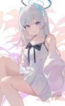  1girl alternate_costume blue_archive blush breasts cleavage dress feet_out_of_frame grey_hair grin halo highres jacket large_breasts long_hair looking_at_viewer mechanical_halo moshiwa_(indigollite) noa_(blue_archive) open_clothes open_jacket purple_eyes smile solo white_background white_dress white_jacket 