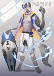  2019 abs absurd_res anthro arknights athletic athletic_anthro athletic_male biantaishouchuzaiciradicacuteomega black_hair blue_hair bottomwear claws clothing collar eyebrow_piercing eyewear facial_piercing fur grey_body grey_fur hair hi_res hyena hypergryph looking_at_object male mammal markings multicolored_hair piercing riot_shield shorts smile solo spot_(arknights) spots spotted_body spotted_fur spotted_hyena studio_montagne tail two_tone_hair 