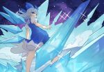  1girl blue_bow blue_dress blue_eyes blue_hair bow cirno detached_wings devilkillerx dress fairy fairy_wings frozen hair_bow ice ice_wings open_mouth pinafore_dress sleeveless sleeveless_dress solo touhou touhou_lost_branch_of_legend wings 
