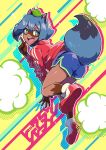  5_fingers abstract_background anthro blue_body blue_eyes blue_hair bottomwear brand_new_animal brown_body brown_fur butt canid canine clothed clothing female fingers fluffy fluffy_tail footwear fur glistening glistening_hair hair happy hi_res jacket kemono mammal michiru_kagemori multicolored_body multicolored_eyes multicolored_fur multicolored_hair niki2ki884 open_mouth pink_eyes raccoon_dog shoes shorts solo studio_trigger tanuki tanuki_leaf topwear 