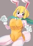  1girl :3 animal_ears blonde_hair bow bowtie breasts brown_eyes cape carrot_(one_piece) closed_mouth commentary_request cowboy_shot furry furry_female gloves green_bow green_bowtie green_cape grey_background large_breasts leotard lets0020 looking_at_viewer medium_bangs one_piece rabbit_ears rabbit_girl rabbit_tail short_hair simple_background solo tail tearing_up white_gloves yellow_leotard 