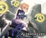  1girl blonde_hair bodysuit copyright_name essual_(layer_world) highres holographic_interface official_art outdoors ruins short_hair sitting solo thighhighs watermark yellow_eyes zenonzard 