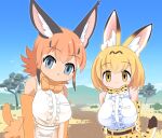  2girls :3 animal_ear_fluff animal_ears animal_print blonde_hair blue_eyes blue_sky bow bowtie breasts caracal_(kemono_friends) cat_ears cat_girl cat_tail center_frills clear_sky closed_mouth commentary_request cowboy_shot day elbow_gloves empty_eyes frilled_shirt frills gloves horizon kemono_friends large_breasts leopard_print lets0020 looking_at_viewer medium_bangs mountainous_horizon multiple_girls open_mouth orange_bow orange_bowtie orange_gloves orange_skirt outdoors pink_hair print_bow print_bowtie serval_(kemono_friends) shirt short_hair sidelocks skirt sky sleeveless sleeveless_shirt smile tail tree white_shirt yellow_eyes yellow_skirt 