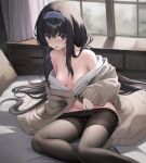  1girl bags_under_eyes bed bed_sheet black_hair black_pantyhose blue_archive blush breasts brown_cardigan buttons cardigan collarbone hair_between_eyes hairband highres indoors jewelry long_hair long_sleeves looking_at_viewer open_mouth pantyhose pendant pillow purple_eyes purple_hairband ryouta_(ryouta335) sitting small_breasts solo ui_(blue_archive) window 