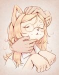  1girl animal_ear_fluff animal_nose blonde_hair blush brown_background collared_shirt commentary disembodied_hand furry furry_female glasses hand_on_another&#039;s_head headpat hitoner long_hair minty_artic parted_lips paw_pose round_eyewear shirt solo_focus tonerico white_shirt 